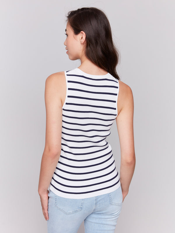 Crew neckline white top featuring navy stripes by Charlie B.