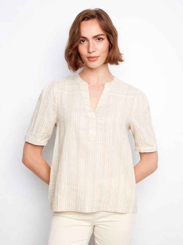 Striped Short Sleeve Blouse - Fog