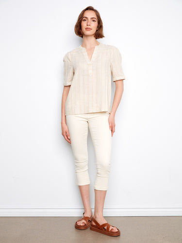 Cotton blend short sleeve blouse with subtle gold stripe accents by Charlie B.