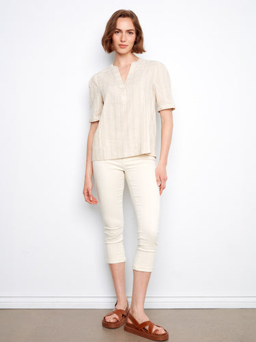 Chic short sleeve top in light beige with subtle gold stripes by Charlie B.