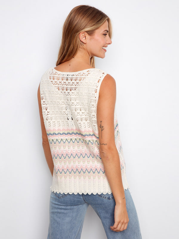 Striped Sleeveless Crochet Cotton Blend Top - Stripes