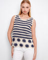 Navy and cream striped crochet top featuring a crew neckline, highlighted with floral hem detailing by Charlie B.