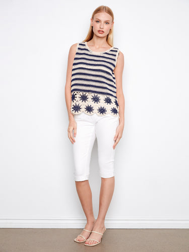 Sleeveless crochet top in navy and cream stripes with intricate floral scalloped hem design by Charlie B.