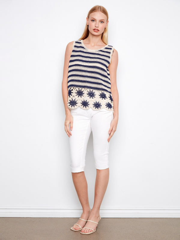 Striped Sleeveless Crochet Top With Floral Hem - Navy