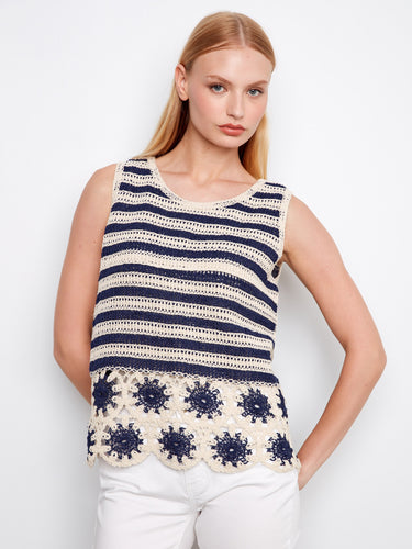 Striped crochet top in navy and cream with a charming sleeveless cut and detailed floral hem by Charlie B.