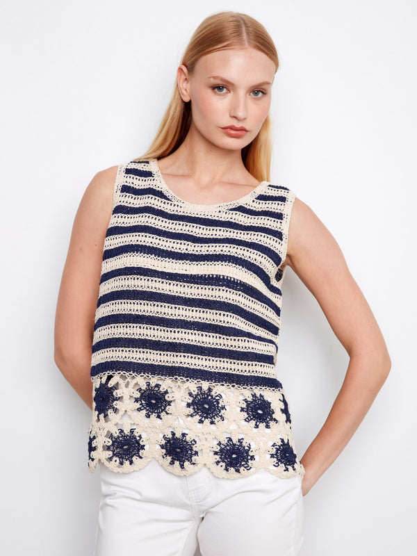 Striped Sleeveless Crochet Top With Floral Hem - Navy