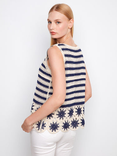 Elegant sleeveless crochet top in navy and cream stripes, adorned with a unique geometric pattern by Charlie B.