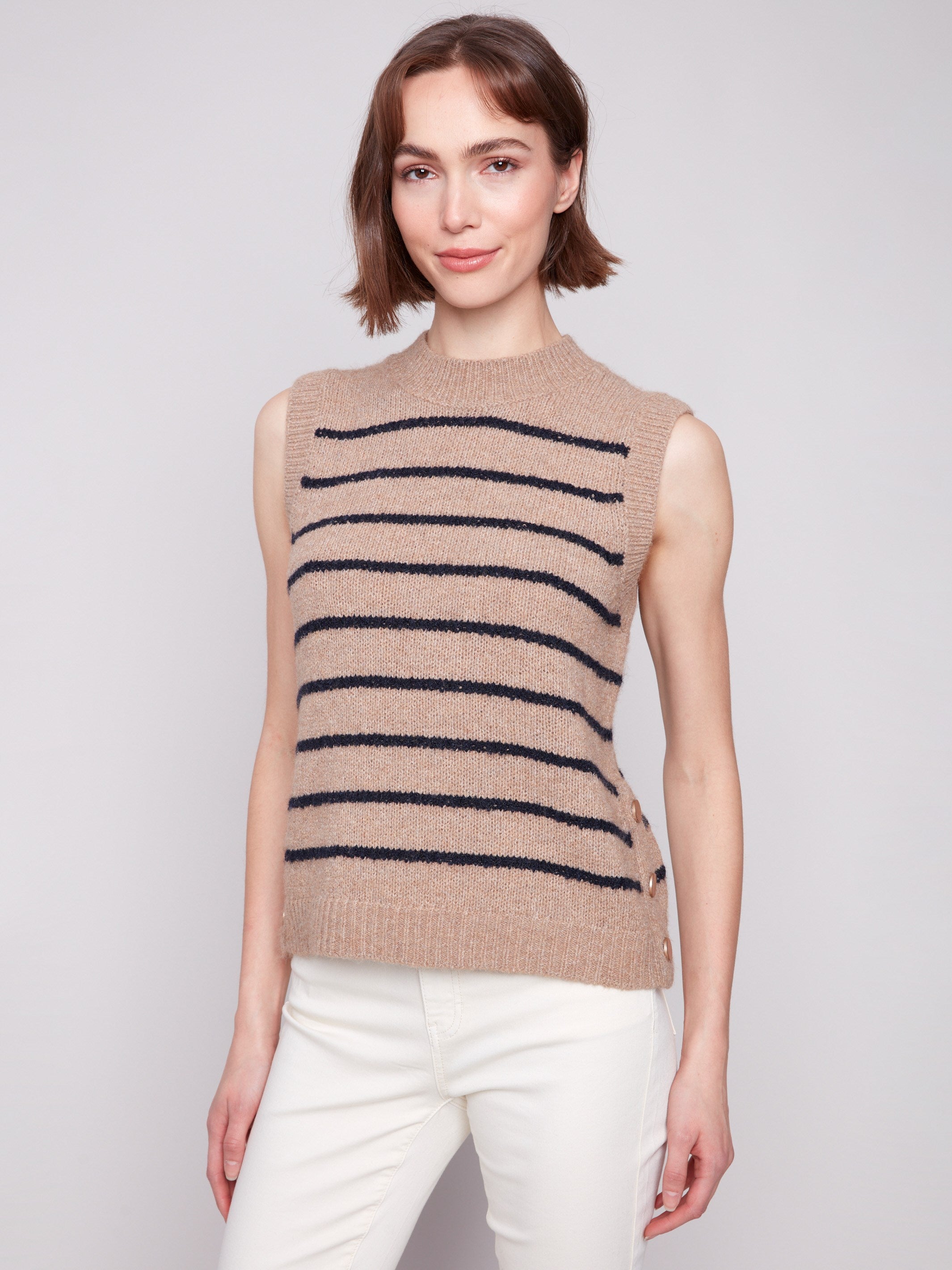 Heather camel sweater vest featuring a classic crew neck and striped pattern, perfect for layering by Charlie B.