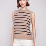 Heather camel sweater vest featuring a classic crew neck and striped pattern, perfect for layering by Charlie B.
