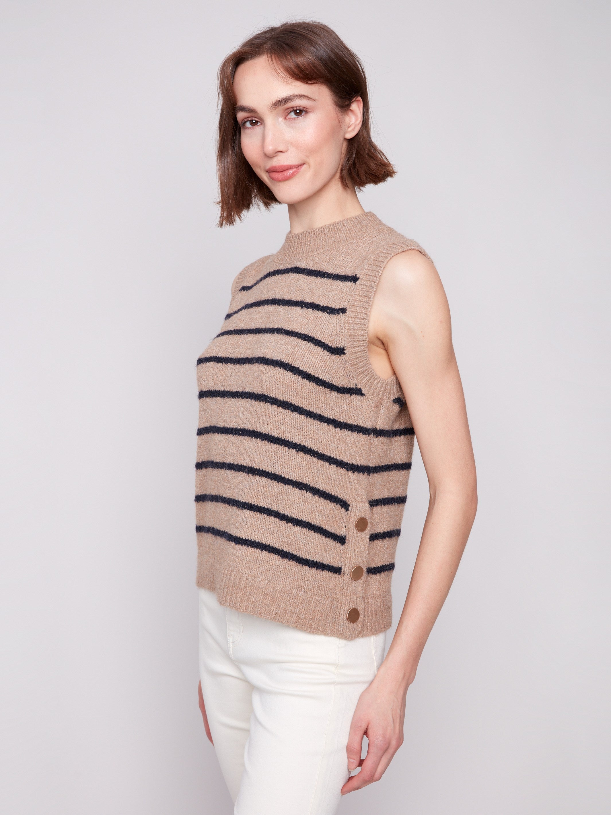 Chic sleeveless design in heather camel with elegant stripes, ideal for versatile styling by Charlie B.