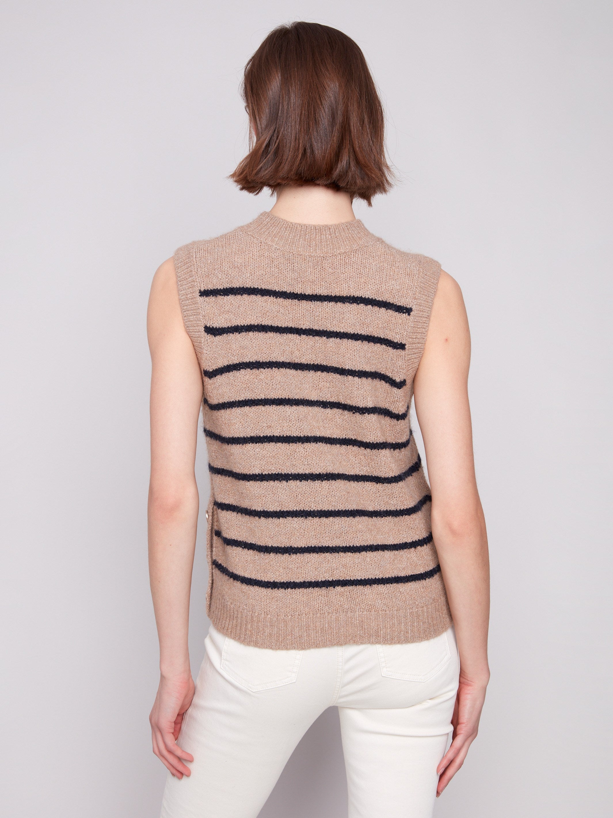 Casual and refined heather camel sweater vest with stripes, showcasing a modern aesthetic by Charlie B.