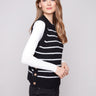 Black sweater vest featuring a crew neck with white stripes, adding a modern touch to any outfit by Charlie B.