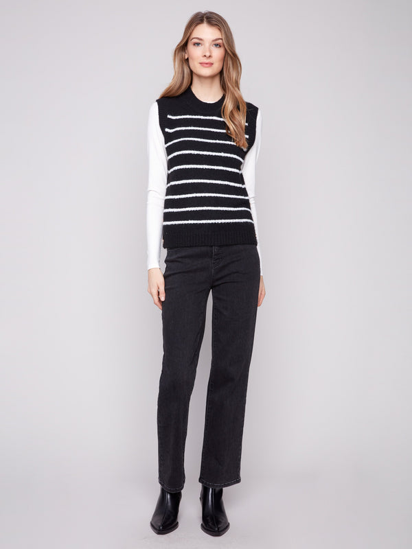 Chic sleeveless black sweater vest with classic white stripes for versatile styling options by Charlie B.