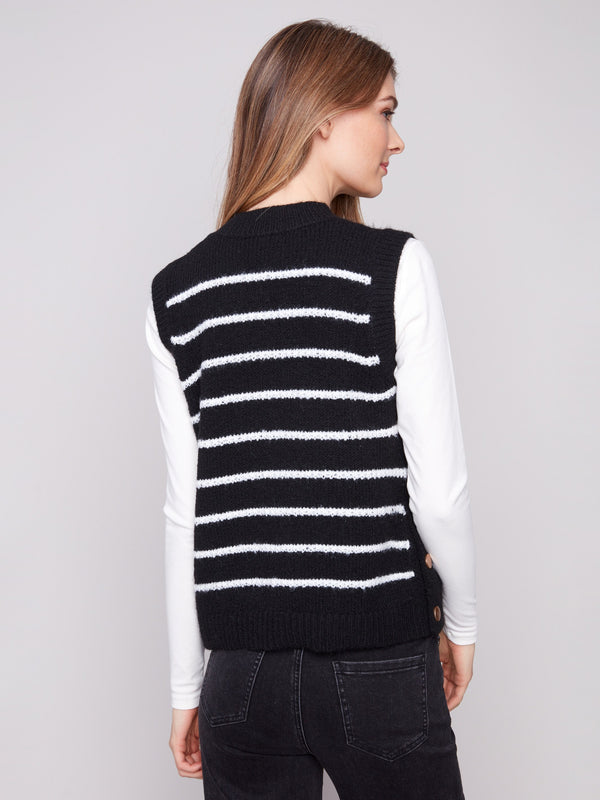 Elegant black and white striped design on a sleeveless sweater vest, perfect for layering by Charlie B.