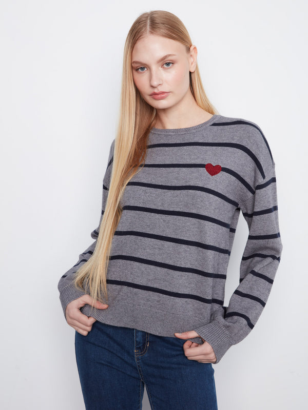 Striped Sweater With Embroidered Heart - Med Heather Grey