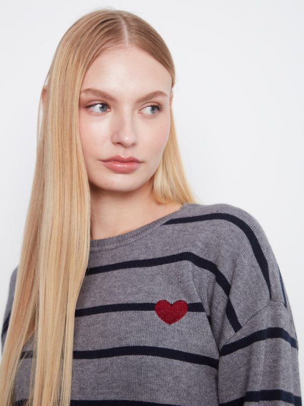 Striped Sweater With Embroidered Heart - Med Heather Grey