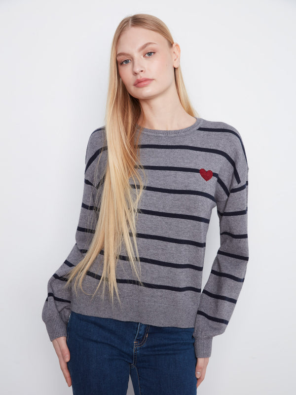 Striped Sweater With Embroidered Heart - Med Heather Grey