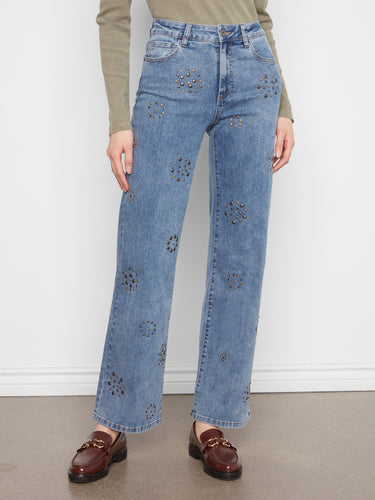 These jeans showcase unique front stud detailing that adds a touch of elegance and flair to any outfit. Designed by Charlie B.