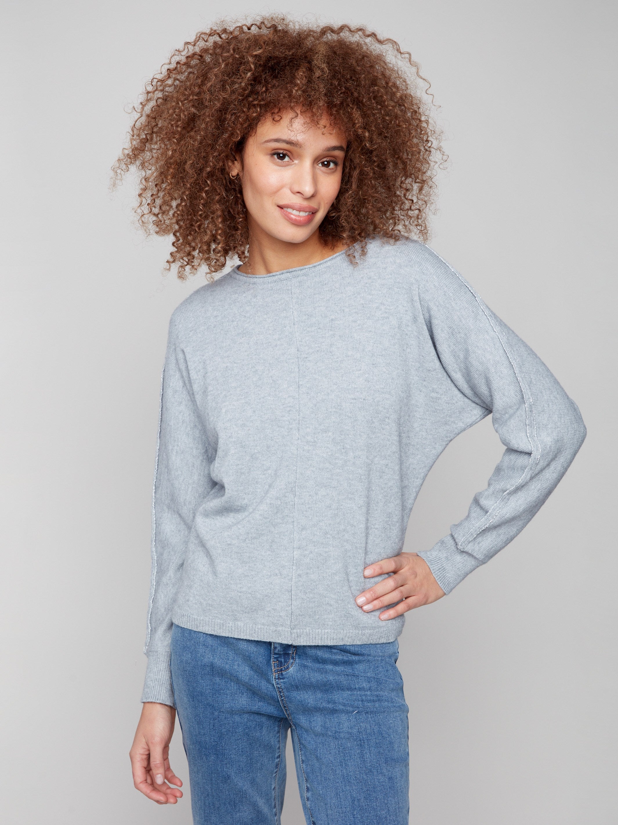 Heather grey sweater featuring dolman sleeves and a stylish front seam detail by Charlie B.