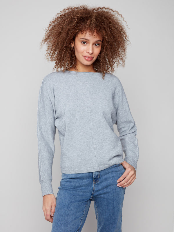 Chic heather grey sweater with dolman sleeves and subtle metallic lurex detailing by Charlie B.