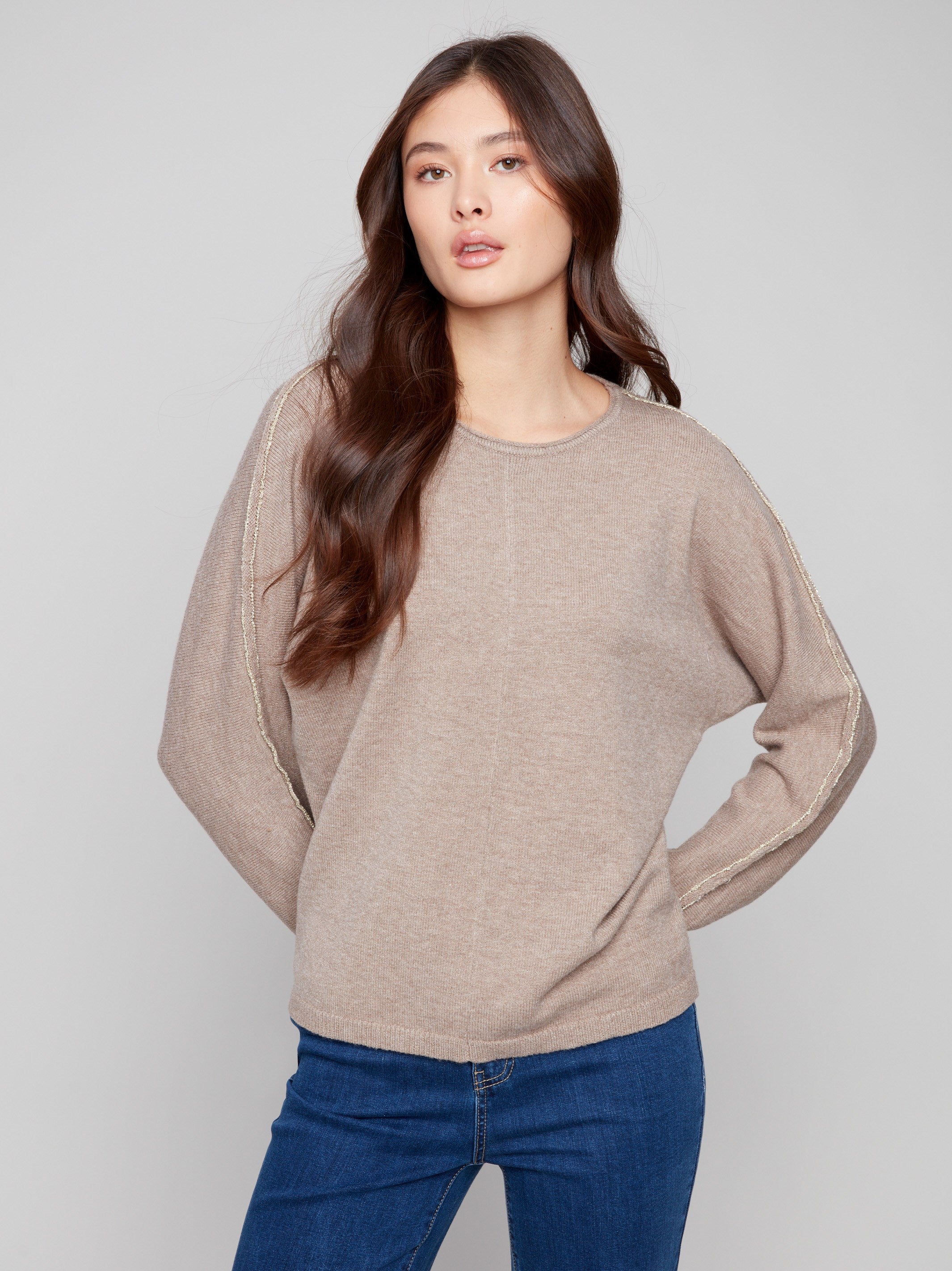 Heather taupe sweater featuring dolman sleeves and ribbed cuffs, perfect for a cozy yet stylish look by Charlie B.
