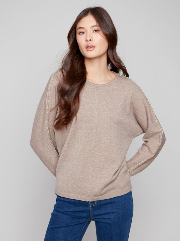 Heather taupe sweater featuring dolman sleeves and ribbed cuffs, perfect for a cozy yet stylish look by Charlie B.