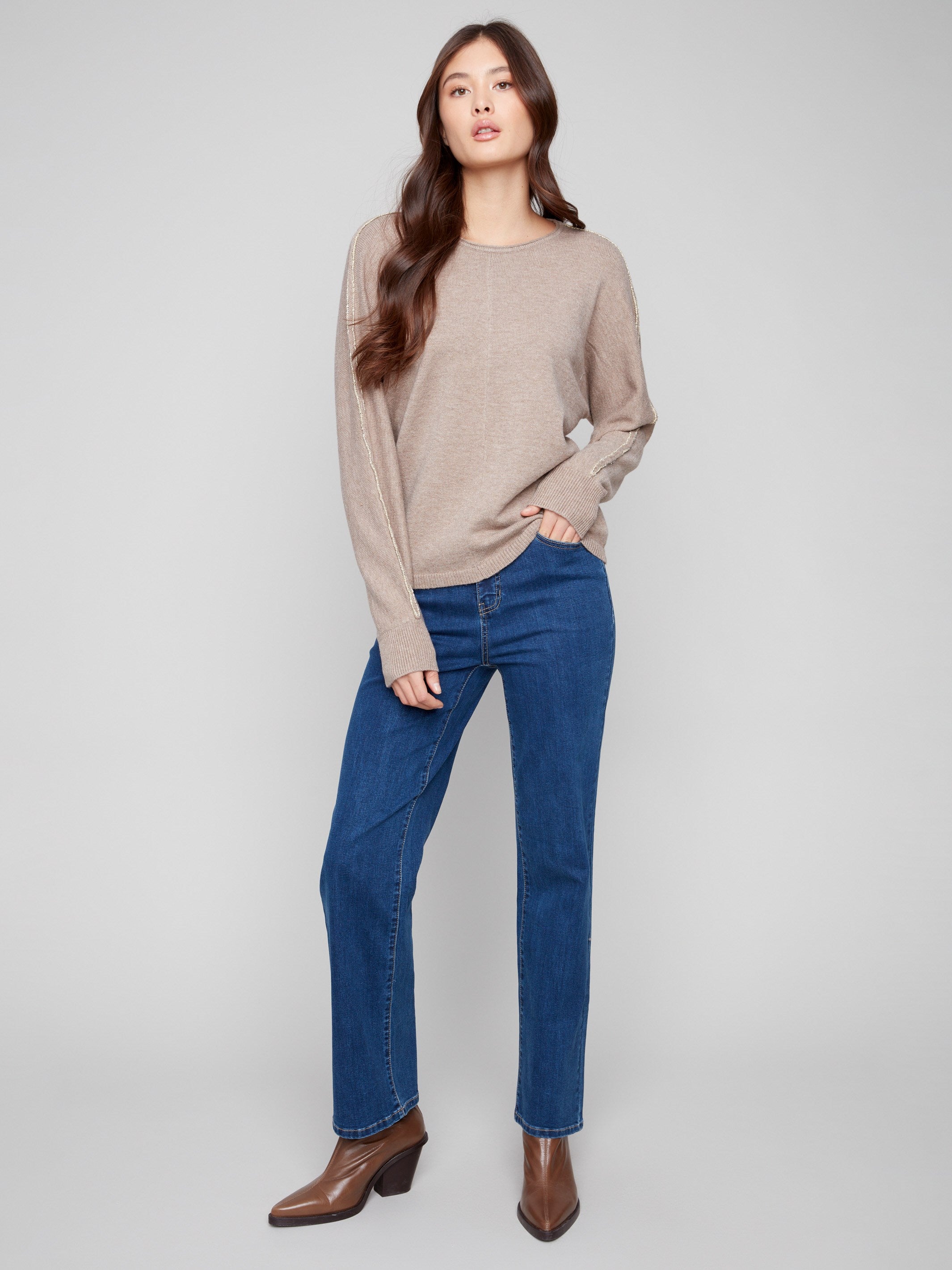 Elegant sweater in heather taupe with metallic lurex detail on sleeves, adding a touch of sparkle by Charlie B.
