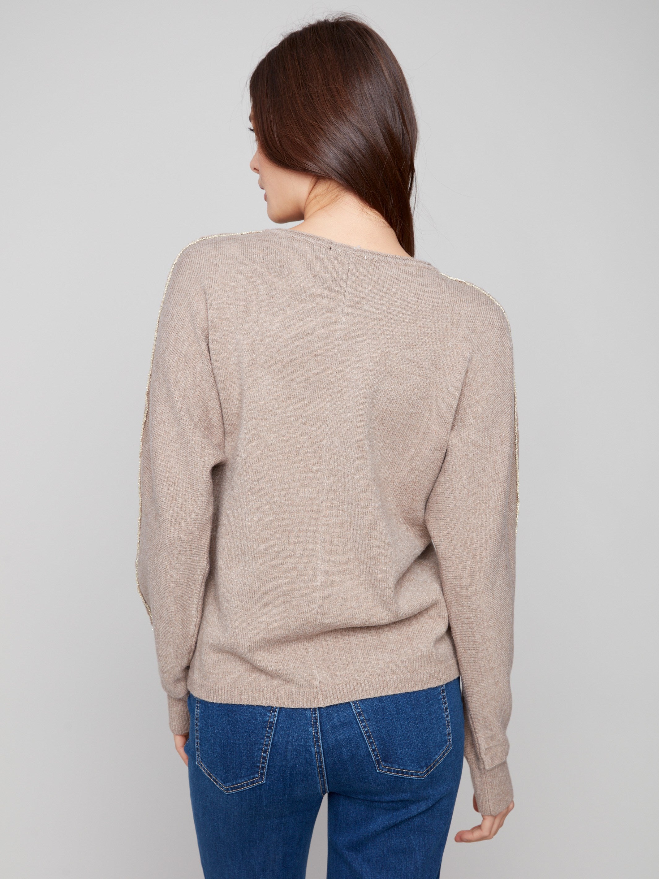 Heather taupe sweater showcasing ribbed cuffs for added texture and comfort in your wardrobe by Charlie B.