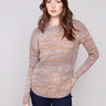 Fog-colored sweater with a crew neckline, featuring subtle metallic detail and front pockets by Charlie B.