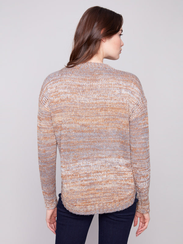 Back view of fog-hued sweater showing off its seamless design and comfortable fit for any occasion by Charlie B.