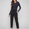 Black slim-leg techno pants featuring a relaxed fit and pull-on style with drawstring by Charlie B.