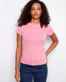 Pink semi-fitted top with a ribbed texture, accentuating a stylish crew neck design. Perfect for casual outings by Charlie B.