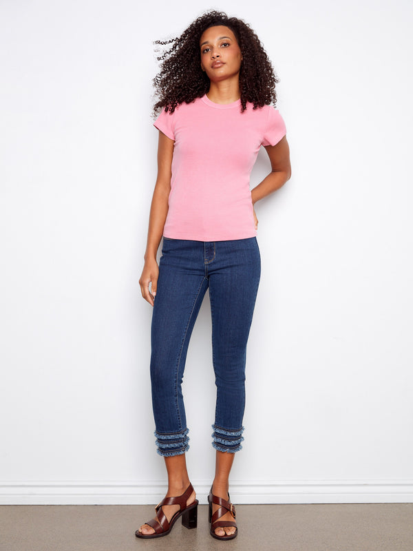 Elegant pink top with ribbed detailing and semi-fitted style, highlighted by the timeless crew neck feature by Charlie B.