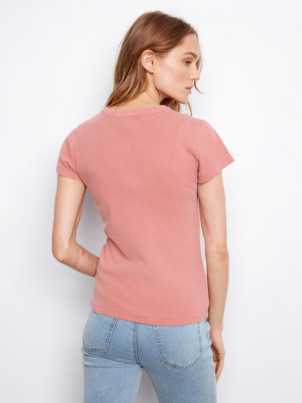 Embrace casual sophistication with this ribbed crew neck T-shirt in a lovely carnation hue by Charlie B.