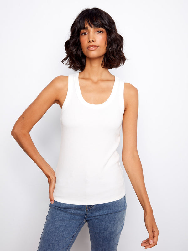White ribbed tank top featuring wide straps and a chic look by Charlie B.