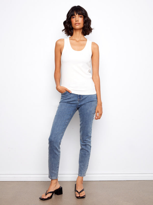 White ribbed tank with comfortable wide straps, perfect for layering by Charlie B.