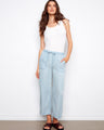 Light blue jogger pants in a cropped length with adjustable drawstrings, crafted from soft Tencel fabric by Charlie B.