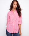 Pink blouse featuring a classic shirt collar with intricate eyelet details, perfect for a stylish look by Charlie B.