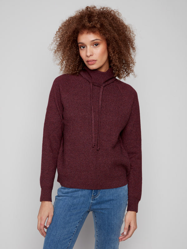Heather Cabernet sweater featuring a stylish cowl neck with drawstring detail, perfect for cozy days by Charlie B.