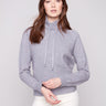 Knit sweater in heather grey featuring a stylish cowl neck with drawstring detail by Charlie B.