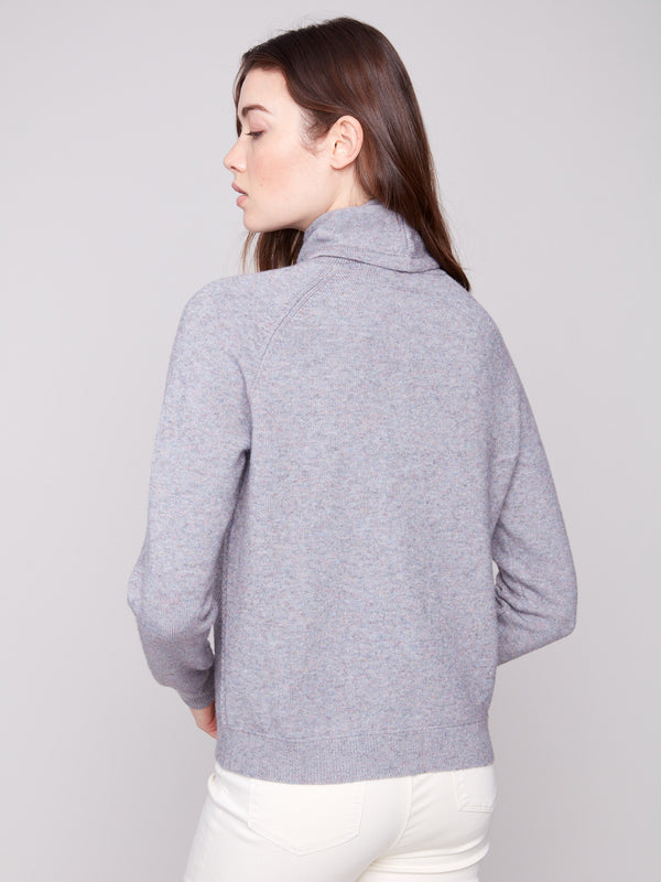 Elegant heather grey knit with a unique cowl neck design, offering warmth and style by Charlie B.