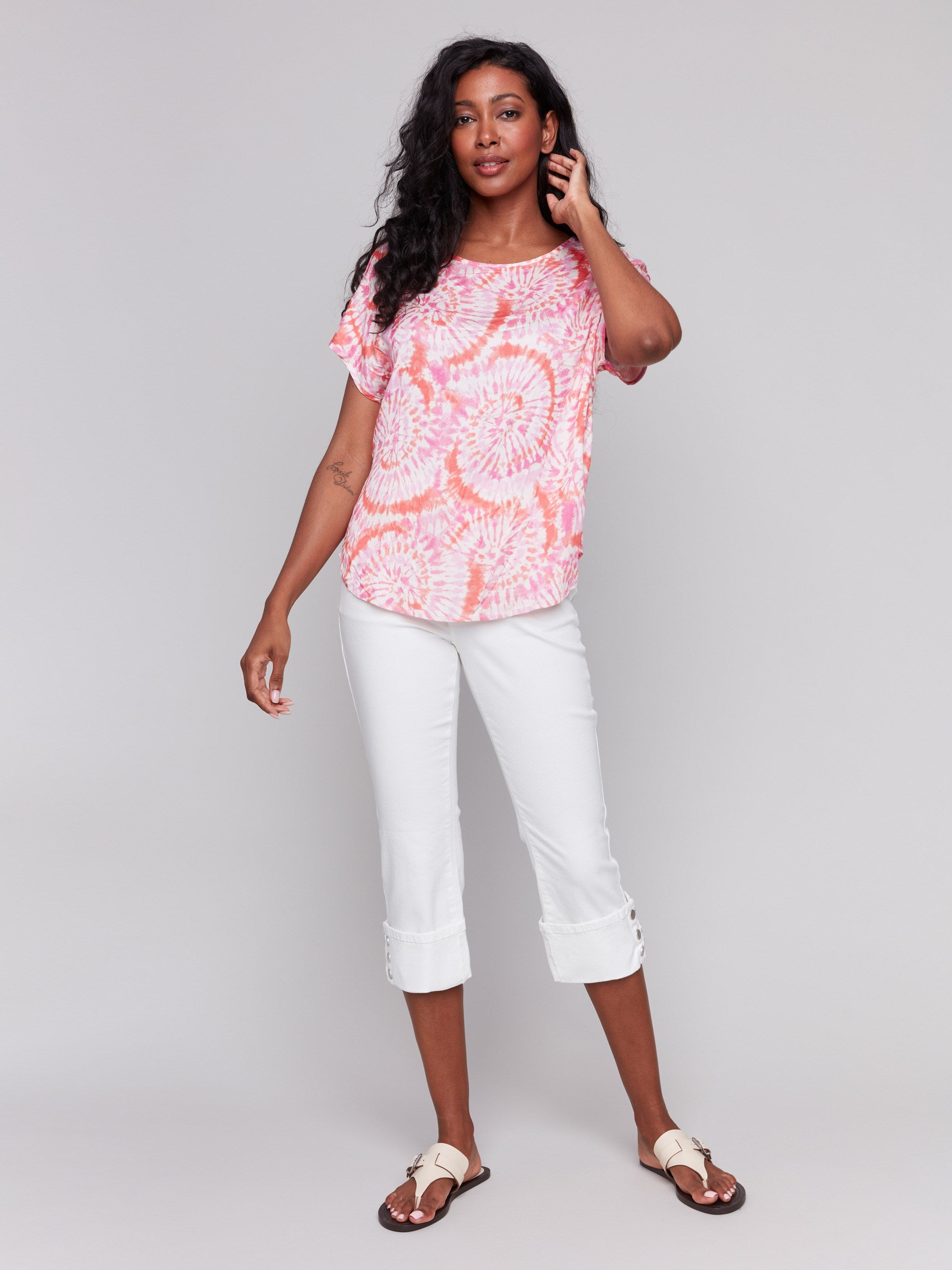 Relaxed fit pink and orange tie-dye top by Charlie B.