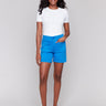 Coastal blue shorts with front patch pockets and belt loops by Charlie B.