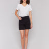 Black twill shorts with front & back patch pockets, stretch fabric by Charlie B.