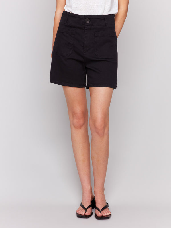 Black shorts featuring belt loops and regular rise, crafted from twill by Charlie B.