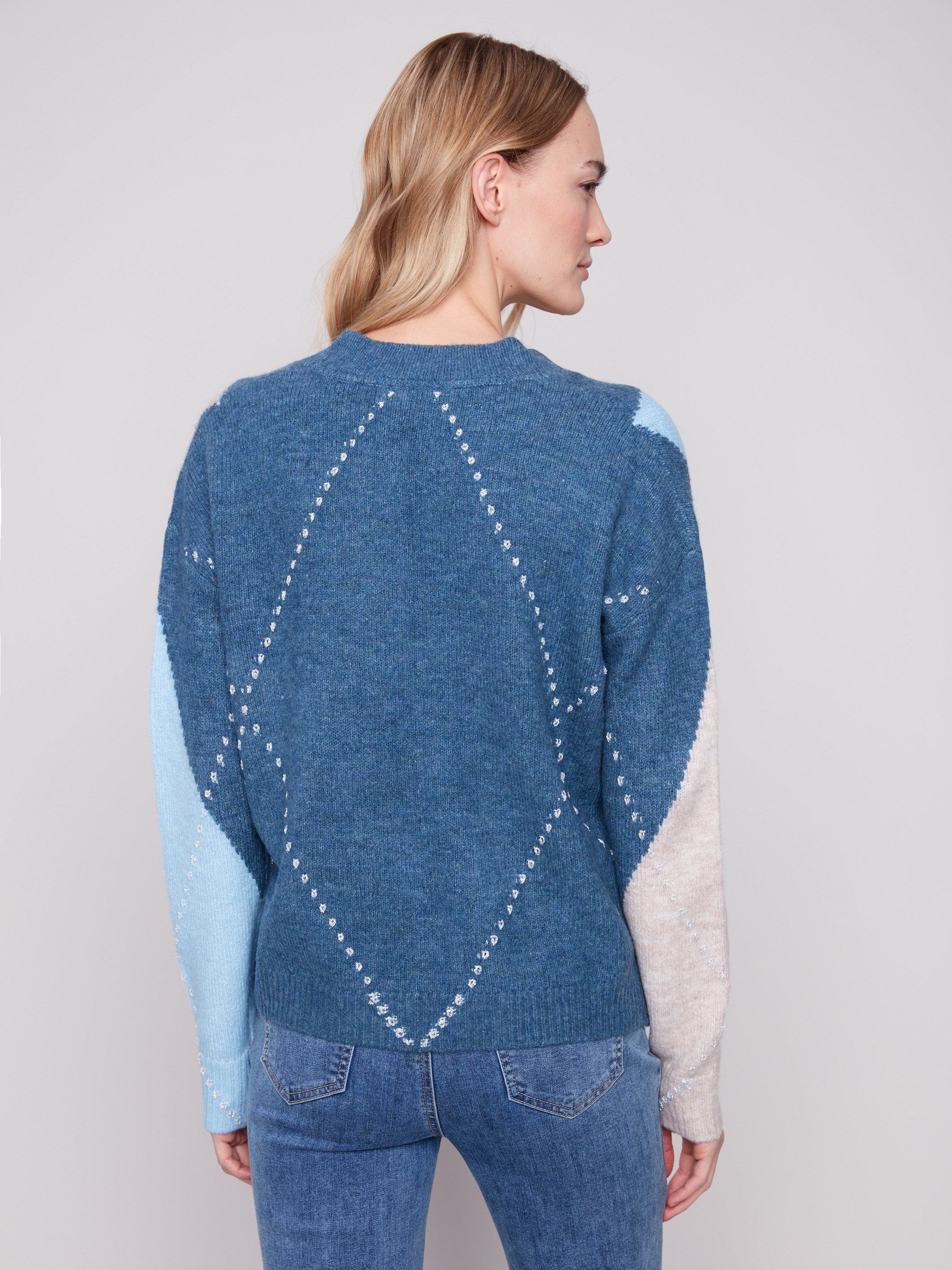Denim V-neck sweater with a unique jacquard knit pattern, perfect for any casual occasion by Charlie B.