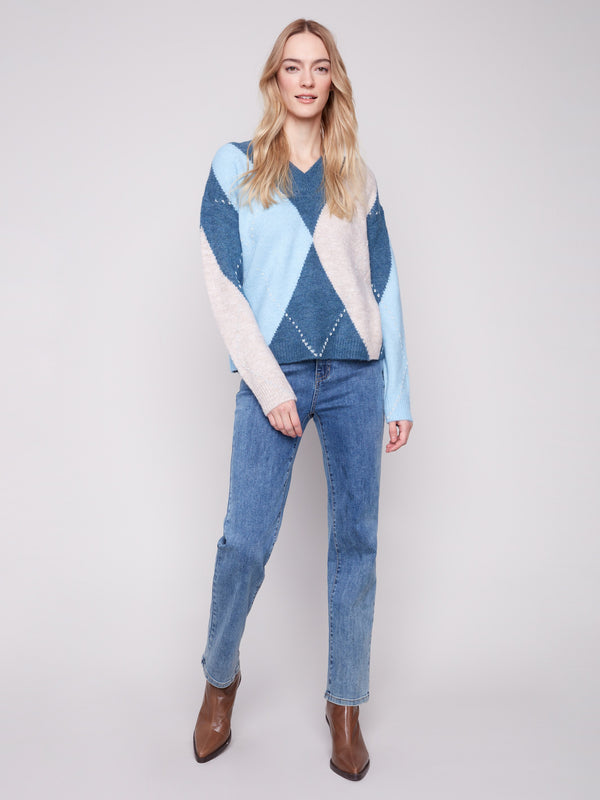 V-Neck Argyle Jacquard Sweater - Heather Denim