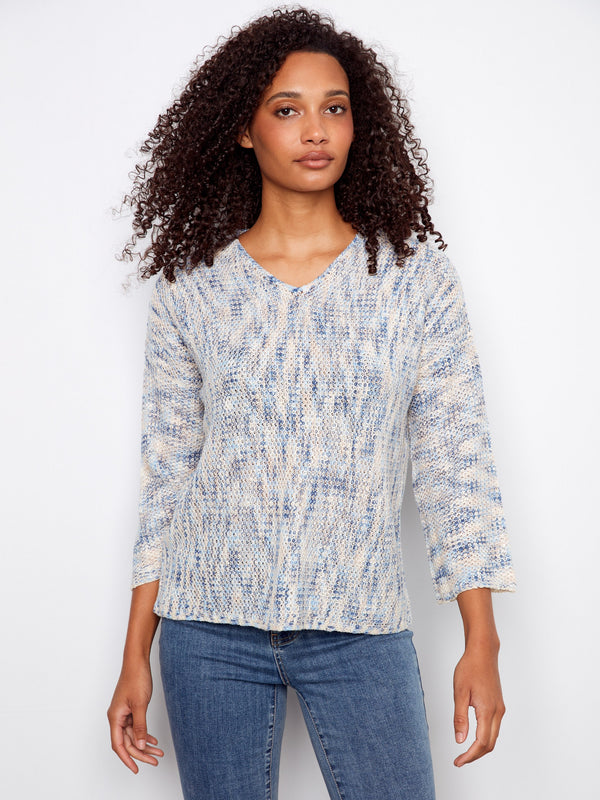 Stylish V-neck sweater in a soothing mist shade, designed with drop shoulders for added comfort by Charlie B.