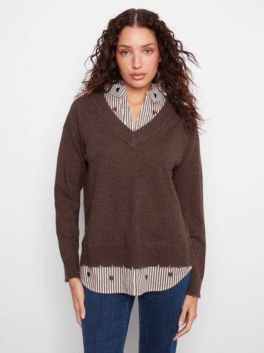 Brown sweater with a relaxed fit and striped poplin shirt collar, paired with jeans for a casual look by Charlie B.