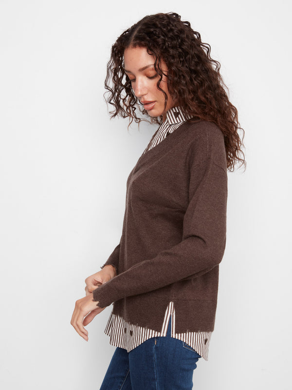 V-Neck Fooler Sweater With Embroidered Shirt Collar - Heather Coffee